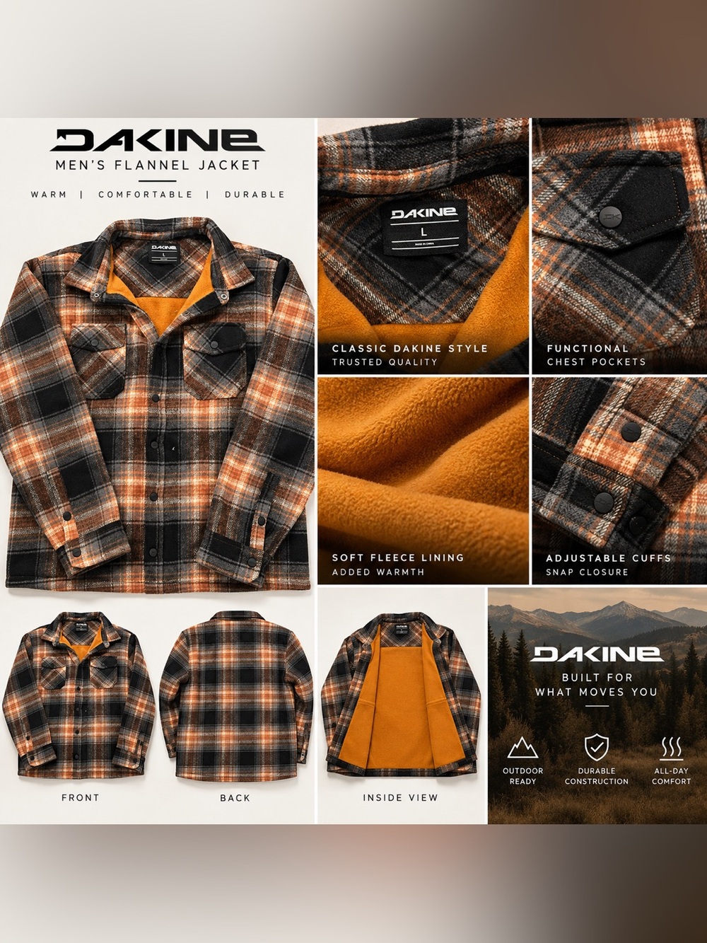 Dakine Orange, Black & Gray Plaid Fleece-Lined Men’s Shirt Jacket